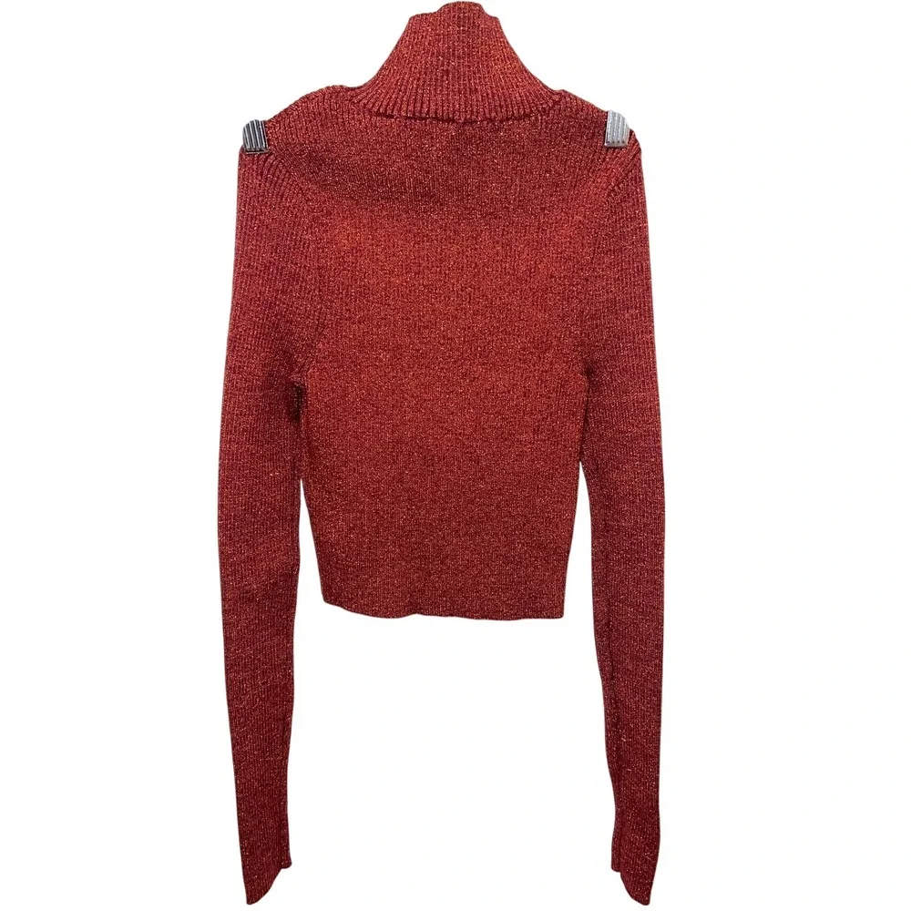 Zara‎ Cropped Turtleneck Long Sleeve Top Size Small Orange Sparkle Stretchy EUC